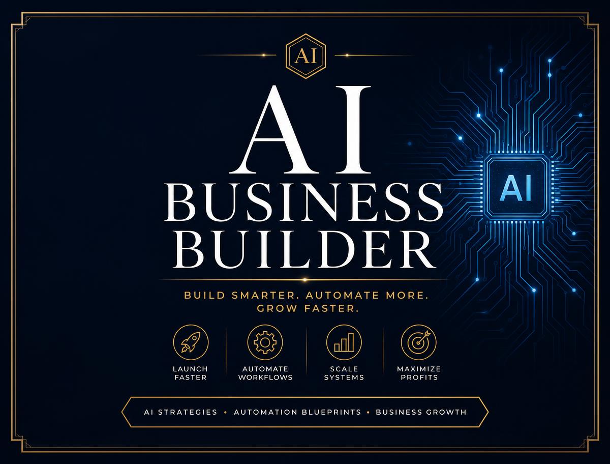 AI Business Builder product cover on a deep navy background with gold accents and blue AI circuit lines