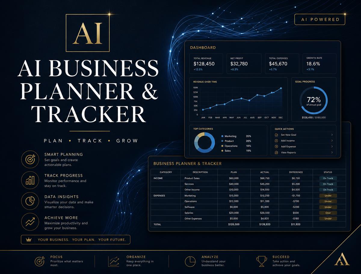 AI Business Planner and Tracker cover with a gold dashboard layout on a deep navy background