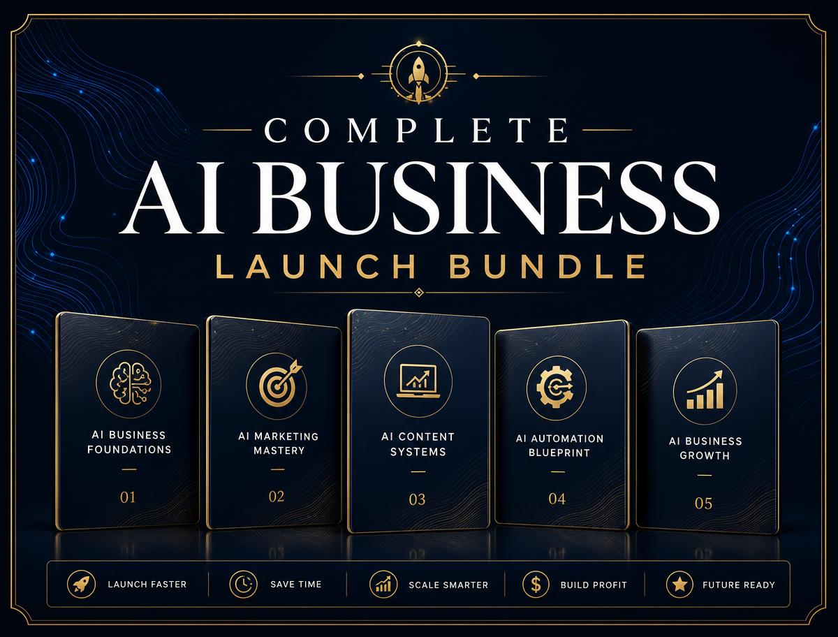 Complete AI Business Launch Bundle cover showing five stacked product cards in navy and gold