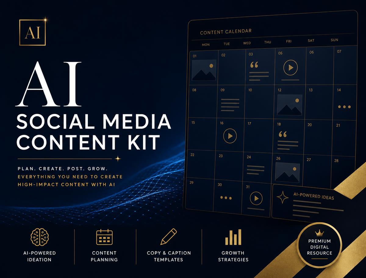AI Social Media Content Kit cover showing an abstract gold content calendar on deep navy
